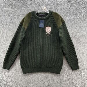 Paul James Sweater Mens XL Green British Wool Suede Patch Strut Outpost SD Logo
